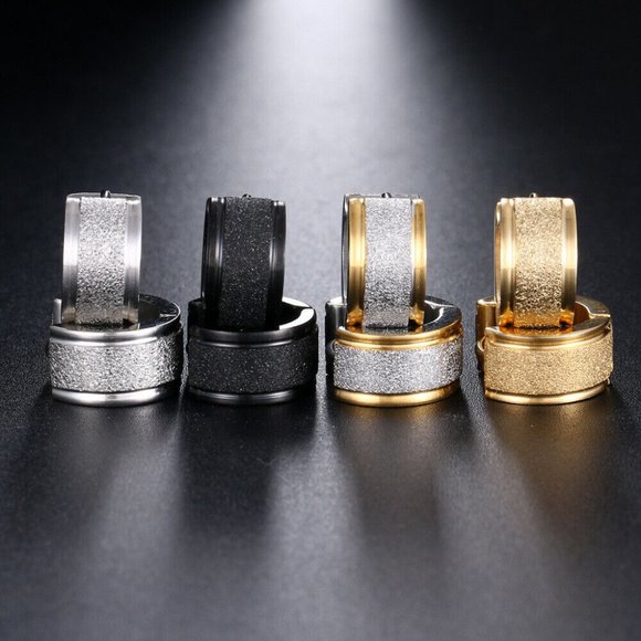 Mens Black Frosted Sandblast Stainless Steel Hoop Earrings 13mm Party Gift - Picture 4 of 4